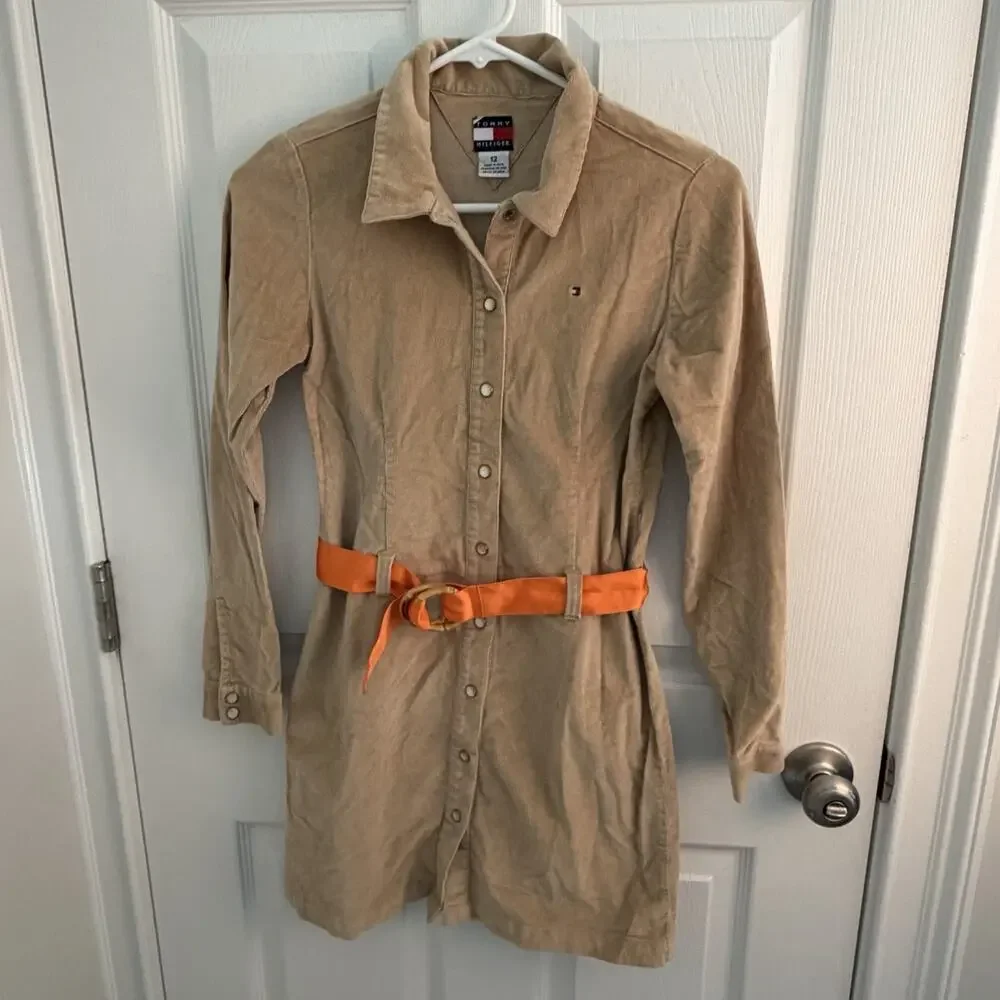 Vintage Tommy Hilfiger Girls Corduroy Dress Size 12 Safari Bamboo Belt Y2k Prep